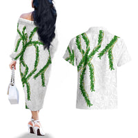 Hawaii Maile Lei Couples Matching Off The Shoulder Long Sleeve Dress and Hawaiian Shirt Aloha White Color