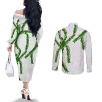 Hawaii Maile Lei Couples Matching Off The Shoulder Long Sleeve Dress and Long Sleeve Button Shirt Aloha White Color