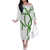Hawaii Maile Lei Family Matching Off The Shoulder Long Sleeve Dress and Hawaiian Shirt Aloha White Color