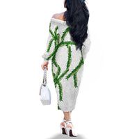 Hawaii Maile Lei Family Matching Off The Shoulder Long Sleeve Dress and Hawaiian Shirt Aloha White Color