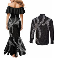 Hawaii Maile Lei Couples Matching Mermaid Dress and Long Sleeve Button Shirt Aloha Grayscale Color