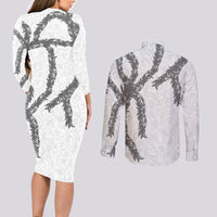 Hawaii Maile Lei Couples Matching Long Sleeve Bodycon Dress and Long Sleeve Button Shirt Aloha The Grey Color