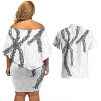 Hawaii Maile Lei Couples Matching Off Shoulder Short Dress and Hawaiian Shirt Aloha The Grey Color LT03 - Polynesian Pride