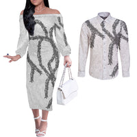 Hawaii Maile Lei Couples Matching Off The Shoulder Long Sleeve Dress and Long Sleeve Button Shirt Aloha The Grey Color