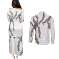 Hawaii Maile Lei Couples Matching Puletasi and Long Sleeve Button Shirt Aloha The Grey Color