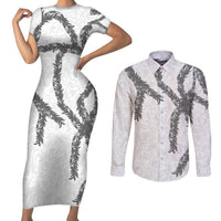 Hawaii Maile Lei Couples Matching Short Sleeve Bodycon Dress and Long Sleeve Button Shirt Aloha The Grey Color
