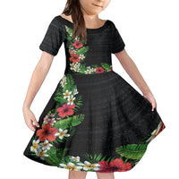 Hawaii Tropical Flowers and Leaves Family Matching Short Sleeve Bodycon Dress and Hawaiian Shirt Tapa Pattern Colorful Mode LT03 Daughter's Dress Black - Polynesian Pride