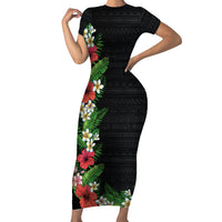 Hawaii Tropical Flowers and Leaves Family Matching Short Sleeve Bodycon Dress and Hawaiian Shirt Tapa Pattern Colorful Mode LT03 Mom's Dress Black - Polynesian Pride