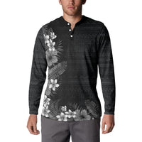 Hawaii Tropical Flowers and Leaves Button Sweatshirt Tapa Pattern Grayscale Mode