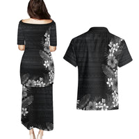 Hawaii Tropical Flowers and Leaves Couples Matching Puletasi and Hawaiian Shirt Tapa Pattern Grayscale Mode