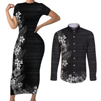 Hawaii Tropical Flowers and Leaves Couples Matching Short Sleeve Bodycon Dress and Long Sleeve Button Shirt Tapa Pattern Grayscale Mode