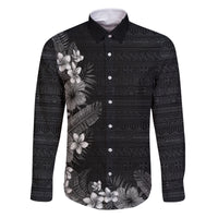 Hawaii Tropical Flowers and Leaves Family Matching Tank Maxi Dress and Hawaiian Shirt Tapa Pattern Grayscale Mode LT03 Dad's Shirt - Long Sleeve Grayscale - Polynesian Pride