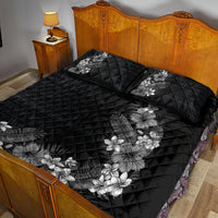 Hawaii Tropical Flowers and Leaves Quilt Bed Set Tapa Pattern Grayscale Mode
