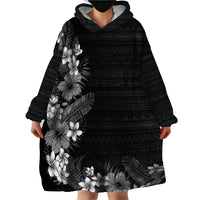 Hawaii Tropical Flowers and Leaves Wearable Blanket Hoodie Tapa Pattern Grayscale Mode
