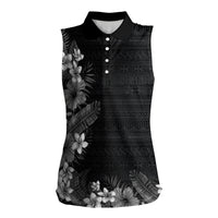 Hawaii Tropical Flowers and Leaves Women Sleeveless Polo Shirt Tapa Pattern Grayscale Mode