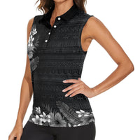 Hawaii Tropical Flowers and Leaves Women Sleeveless Polo Shirt Tapa Pattern Grayscale Mode