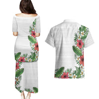 Hawaii Tropical Flowers and Leaves Couples Matching Puletasi and Hawaiian Shirt Tapa Pattern White Mode