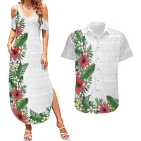 Hawaii Tropical Flowers and Leaves Couples Matching Summer Maxi Dress and Hawaiian Shirt Tapa Pattern White Mode