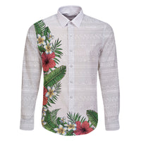 Hawaii Tropical Flowers and Leaves Family Matching Off Shoulder Maxi Dress and Hawaiian Shirt Tapa Pattern White Mode LT03 Dad's Shirt - Long Sleeve White - Polynesian Pride