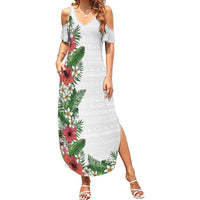 Hawaii Tropical Flowers and Leaves Family Matching Summer Maxi Dress and Hawaiian Shirt Tapa Pattern White Mode LT03 Mom's Dress White - Polynesian Pride