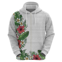 Hawaii Tropical Flowers and Leaves Zip Hoodie Tapa Pattern White Mode