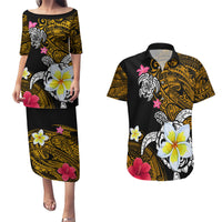 Hawaii Turtle and Tropical Flower Couples Matching Puletasi and Hawaiian Shirt Polynesian Pattern
