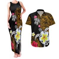 Hawaii Turtle and Tropical Flower Couples Matching Tank Maxi Dress and Hawaiian Shirt Polynesian Pattern