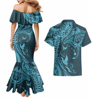 Hawaiian Manta Ray and Polynesian Tribal Tattoo Couples Matching Mermaid Dress and Hawaiian Shirt Turquoise Color LT03 - Polynesian Pride