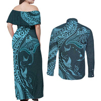 Hawaiian Manta Ray and Polynesian Tribal Tattoo Couples Matching Off Shoulder Maxi Dress and Long Sleeve Button Shirt Turquoise Color LT03