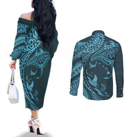 Hawaiian Manta Ray and Polynesian Tribal Tattoo Couples Matching Off The Shoulder Long Sleeve Dress and Long Sleeve Button Shirt Turquoise Color LT03