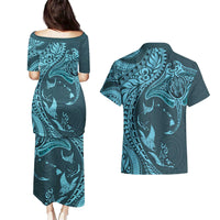 Hawaiian Manta Ray and Polynesian Tribal Tattoo Couples Matching Puletasi and Hawaiian Shirt Turquoise Color LT03 - Polynesian Pride