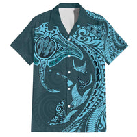 Hawaiian Manta Ray and Polynesian Tribal Tattoo Family Matching Puletasi and Hawaiian Shirt Turquoise Color LT03 Dad's Shirt - Short Sleeve Turquoise - Polynesian Pride