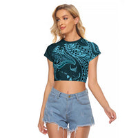 Hawaiian Manta Ray and Polynesian Tribal Tattoo Raglan Cropped T Shirt Turquoise Color LT03 Female Turquoise - Polynesian Pride