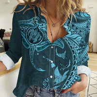 Hawaiian Manta Ray and Polynesian Tribal Tattoo Women Casual Shirt Turquoise Color LT03