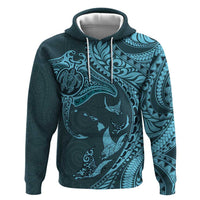 Hawaiian Manta Ray and Polynesian Tribal Tattoo Zip Hoodie Turquoise Color LT03