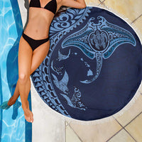 Hawaiian Manta Ray and Polynesian Tribal Tattoo Beach Blanket Dark Navy Color LT03