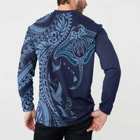 Hawaiian Manta Ray and Polynesian Tribal Tattoo Button Sweatshirt Dark Navy Color LT03