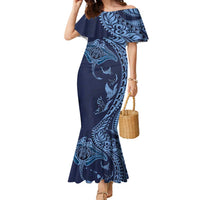 Hawaiian Manta Ray and Polynesian Tribal Tattoo Family Matching Mermaid Dress and Hawaiian Shirt Dark Navy Color LT03