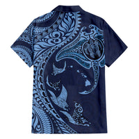 Hawaiian Manta Ray and Polynesian Tribal Tattoo Family Matching Off The Shoulder Long Sleeve Dress and Hawaiian Shirt Dark Navy Color LT03