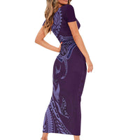 Hawaiian Manta Ray and Polynesian Tribal Tattoo Short Sleeve Bodycon Dress Purple Color LT03