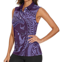 Hawaiian Manta Ray and Polynesian Tribal Tattoo Women Sleeveless Polo Shirt Purple Color LT03 - Polynesian Pride