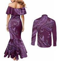 Hawaiian Manta Ray and Polynesian Tribal Tattoo Couples Matching Mermaid Dress and Long Sleeve Button Shirt Pink Color LT03