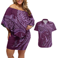 Hawaiian Manta Ray and Polynesian Tribal Tattoo Couples Matching Off Shoulder Short Dress and Hawaiian Shirt Pink Color LT03