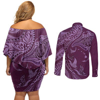 Hawaiian Manta Ray and Polynesian Tribal Tattoo Couples Matching Off Shoulder Short Dress and Long Sleeve Button Shirt Pink Color LT03