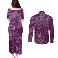 Hawaiian Manta Ray and Polynesian Tribal Tattoo Couples Matching Puletasi and Long Sleeve Button Shirt Pink Color LT03 - Polynesian Pride