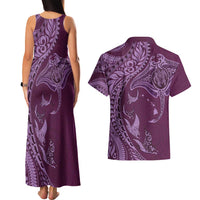 Hawaiian Manta Ray and Polynesian Tribal Tattoo Couples Matching Tank Maxi Dress and Hawaiian Shirt Pink Color LT03