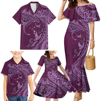 Hawaiian Manta Ray and Polynesian Tribal Tattoo Family Matching Mermaid Dress and Hawaiian Shirt Pink Color LT03