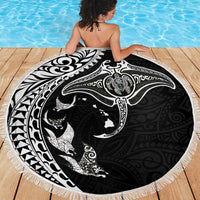 Hawaiian Manta Ray and Polynesian Tribal Tattoo Beach Blanket Black Color LT03