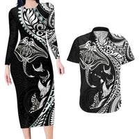 Hawaiian Manta Ray and Polynesian Tribal Tattoo Couples Matching Long Sleeve Bodycon Dress and Hawaiian Shirt Black Color LT03 Black - Polynesian Pride