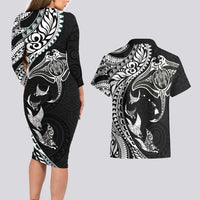 Hawaiian Manta Ray and Polynesian Tribal Tattoo Couples Matching Long Sleeve Bodycon Dress and Hawaiian Shirt Black Color LT03 - Polynesian Pride